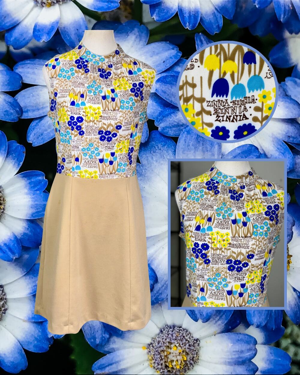 Vintage 70s Sears Jr. Bazaar Flower Power Graphic Flower Mini Dress Size 13